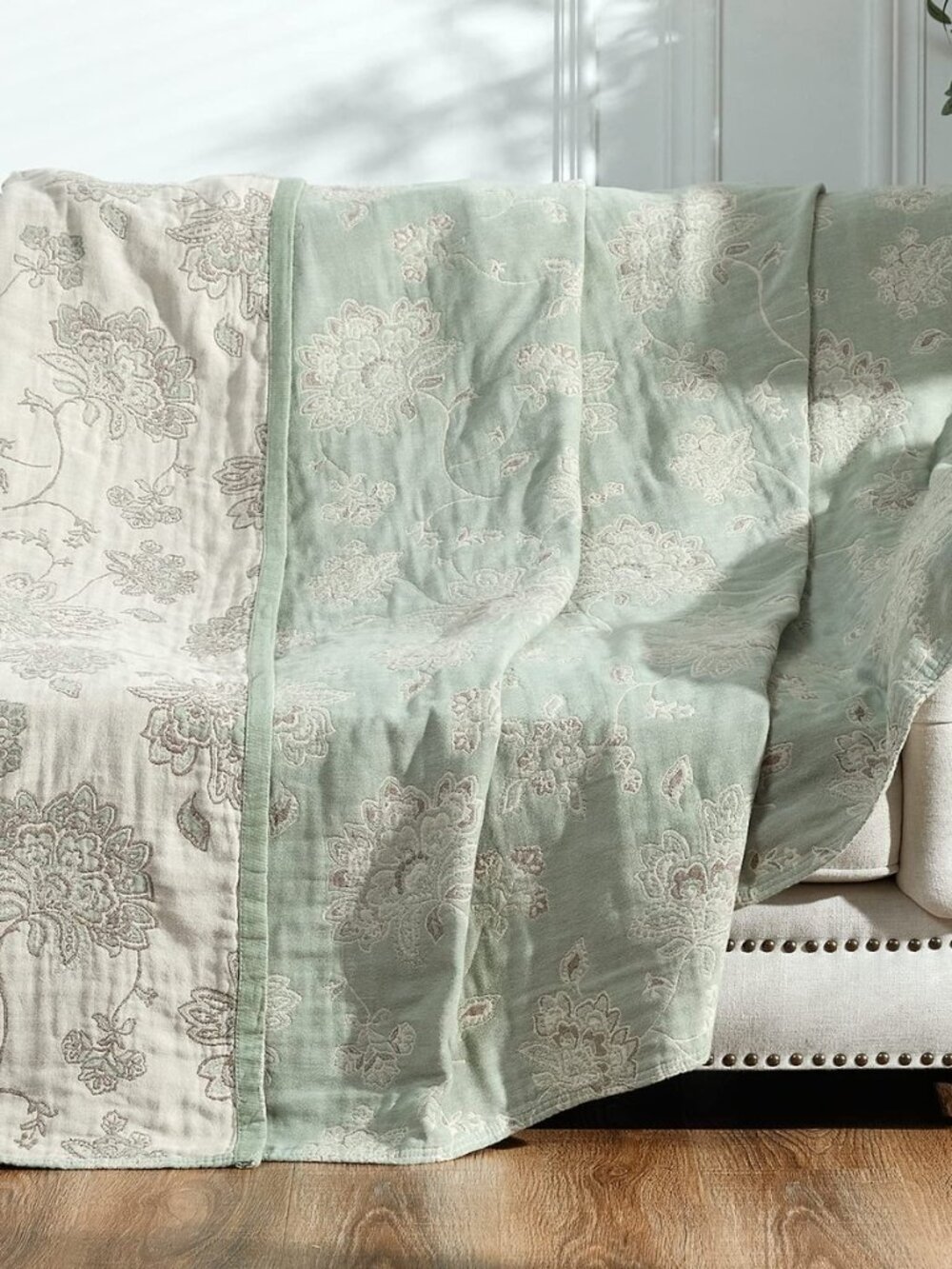 100% Cotton Muslin Blanket Twin Boho Blanket 50x60 Green/Beige
